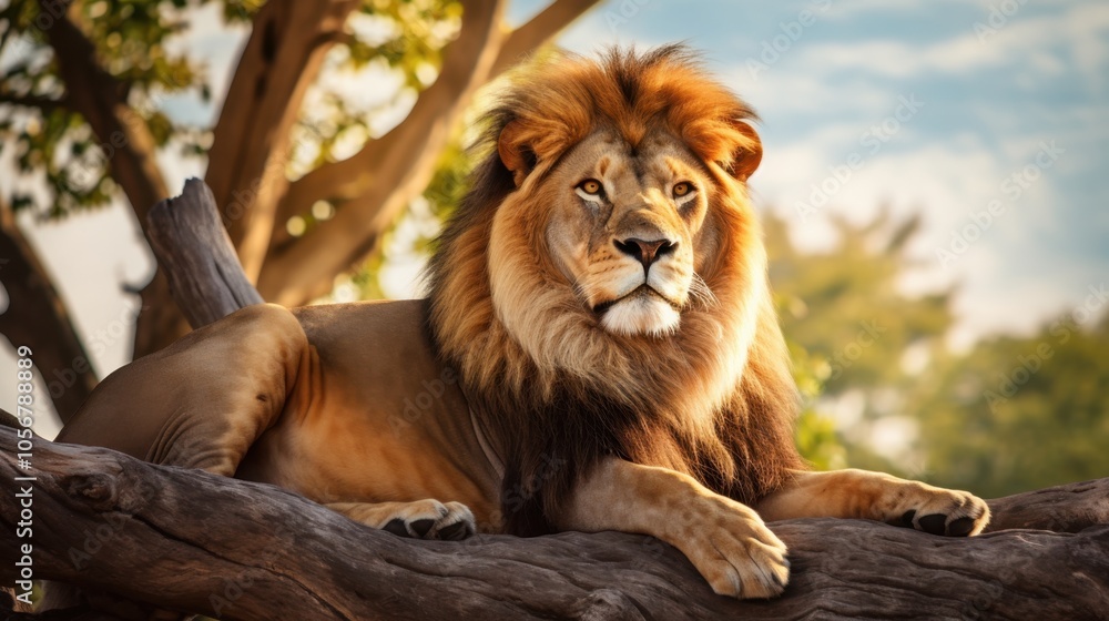 Majestic Lion Resting in Forest at Twilight. National Leon Day Majestic Lion Resting in Forest at Twilight. National Leon Day