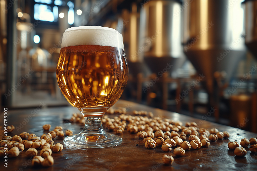 Glass of frothy beer on background of brewery background with copy space. Glass of frothy beer on background of brewery background with copy space.