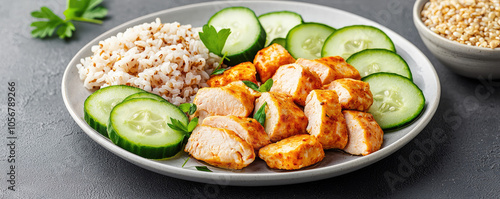 Healthy meal featuring grilled chicken chunks, brown rice, and fresh cucumber slices on a gray plate, garnished with parsley.