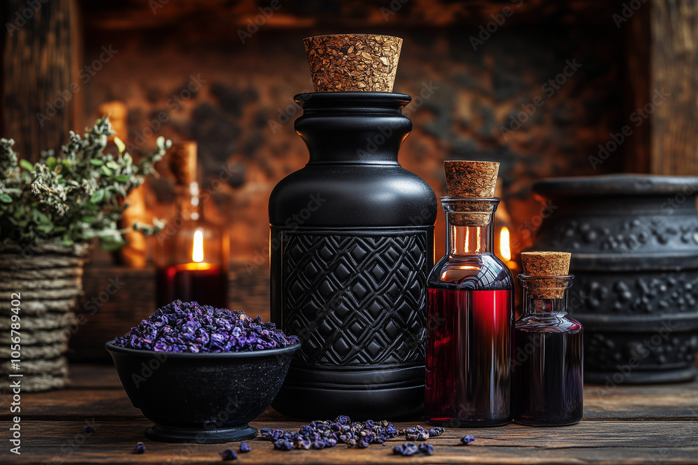 Various herbs and dried plants in pots and mixture bottles on old table background. Herbal medicine. Various herbs and dried plants in pots and mixture bottles on old table background. Herbal medicine.