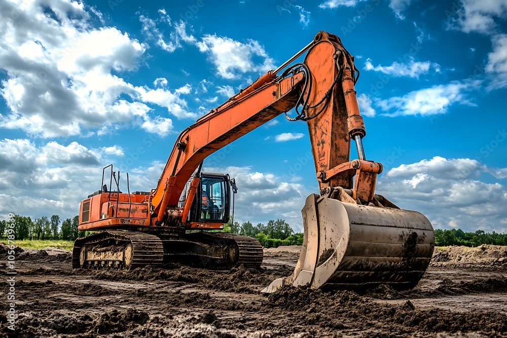 Excavator with Bucket lift up are digging the soil in the construction site on the sky background Excavator with Bucket lift up are digging the soil in the construction site on the sky background