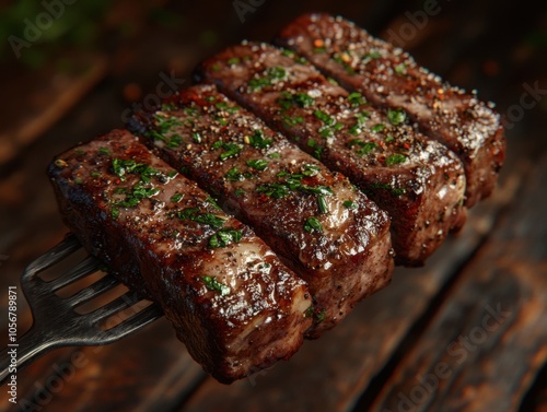 Perfectly Cooked Medium-Rare Steak Slices on a Fork, Juicy, Tender, and Delicious This image showcases the ideal doneness of a medium-rare steak, with the fork lifting up multiple slices to reveal photo