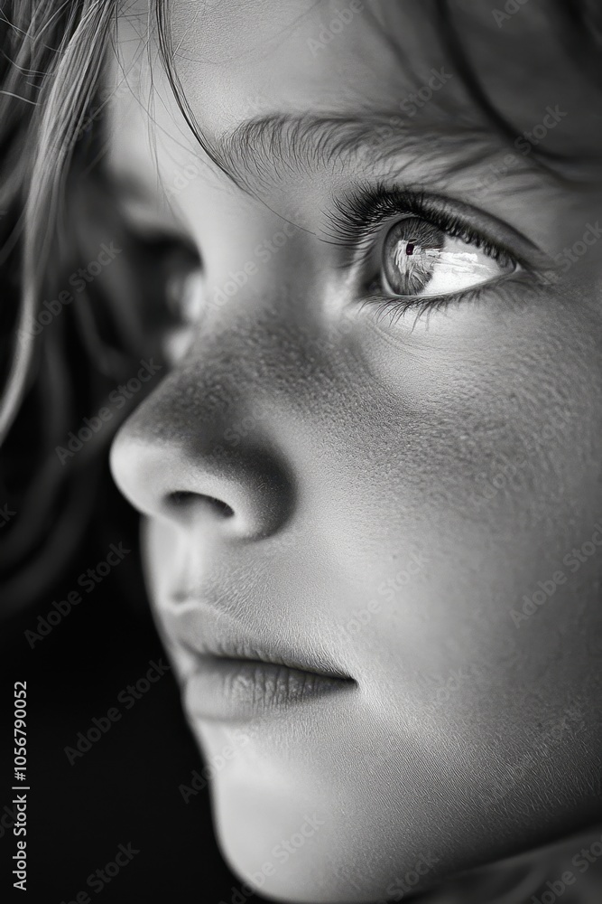 Fototapeta premium Close-Up of a Thoughtful Young Child in Black and White
