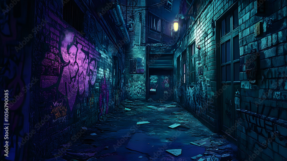 A dark alley with broken windows and graffiti-covered walls, illuminated by a single flickering light. A dark alley with broken windows and graffiti-covered walls, illuminated by a single flickering light.