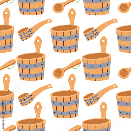 Sauna accessories bucket pot . Bathhouse wooden accessories. Hand drawn seamless pattern. Vector illustration in doodle style on white background.