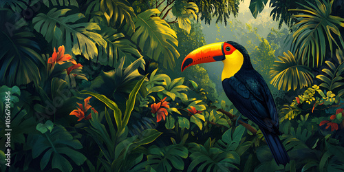 Colorful Toucan Bird in Tropical Jungle