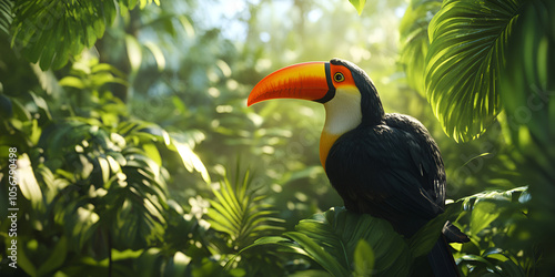 Colorful Toucan Bird in Tropical Jungle