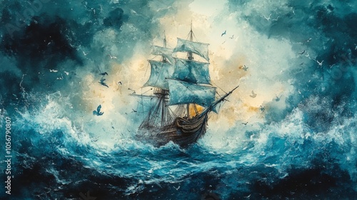 A lone sailing ship navigates tumultuous waters under a stormy sky. photo