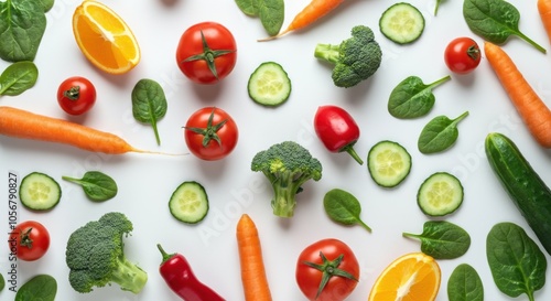 Wallpaper Mural A vibrant, flat-lay composition of fresh vegetables and fruits on a white background.  Torontodigital.ca