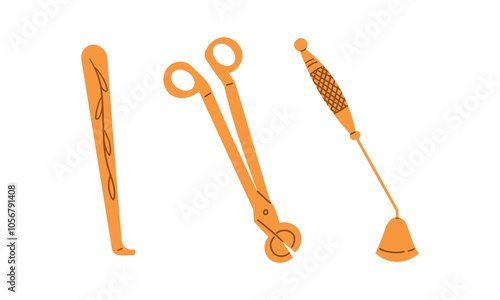 Set of accessories for candles. Wick cutter, electric lighter, candle extinguishing, wick ladle. Vector illustration isolate on white , hand drawn illustration.