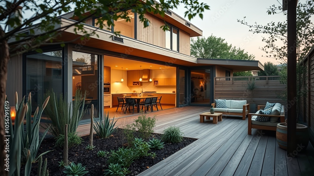 Modern Backyard with Stylish Outdoor Furniture and Plants Modern Backyard with Stylish Outdoor Furniture and Plants