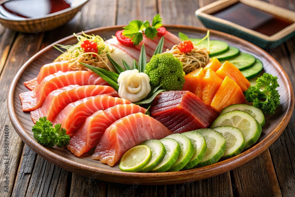 A plate of sushi with a variety of vegetables and fish A plate of sushi with a variety of vegetables and fish