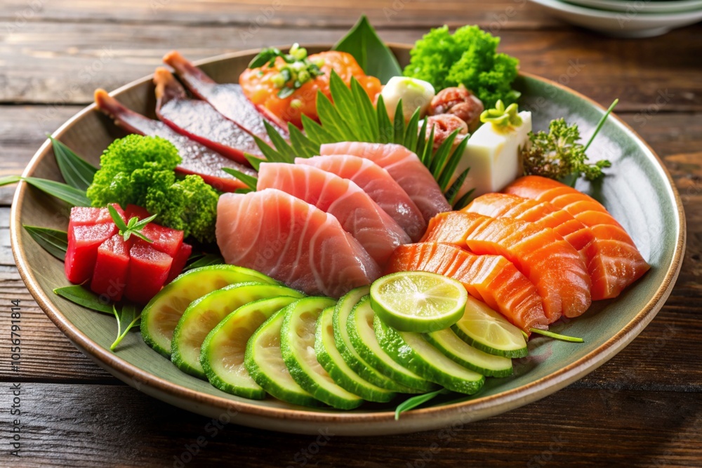 A plate of sushi with a variety of vegetables and fish A plate of sushi with a variety of vegetables and fish