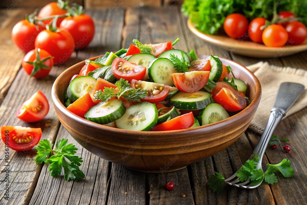 A bowl of salad with tomatoes, cucumbers, and herbs on a wooden table A bowl of salad with tomatoes, cucumbers, and herbs on a wooden table