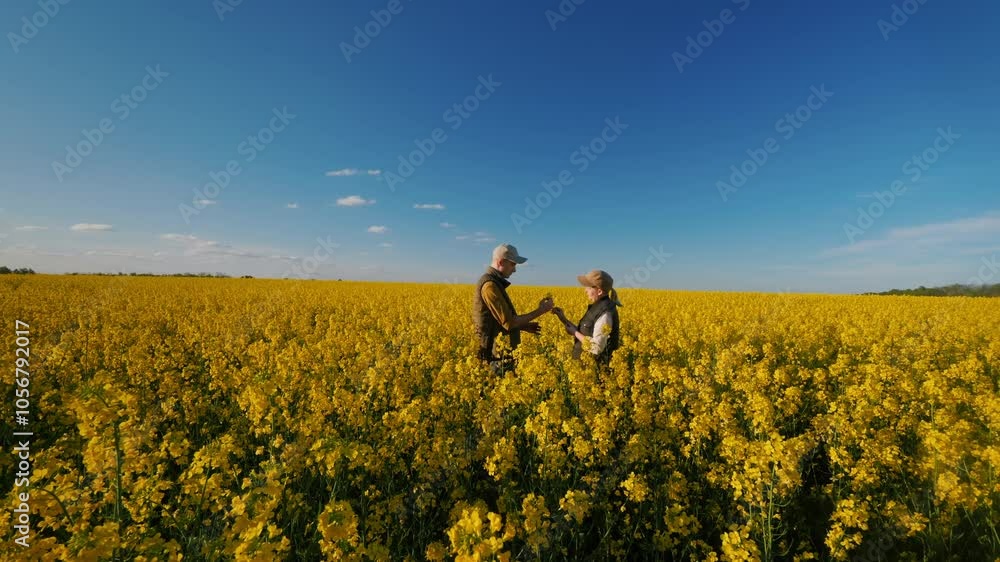 Amidst the blooming rapeseed, two farmers are diligently working. Amidst the blooming rapeseed, two farmers are diligently working.