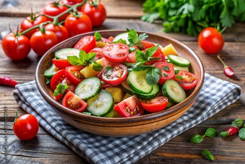 A bowl of salad with tomatoes, cucumbers, and herbs on a wooden table