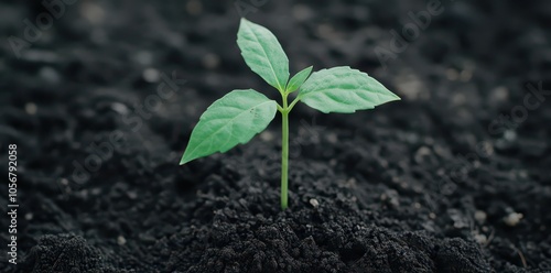 New Seedling Emerges from Wild Soil, Fresh Leaves Reaching Upward Towards the Sun