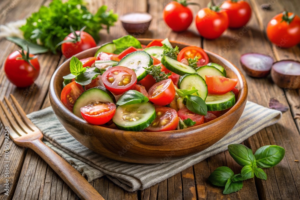 A bowl of salad with tomatoes, cucumbers, and herbs on a wooden table A bowl of salad with tomatoes, cucumbers, and herbs on a wooden table