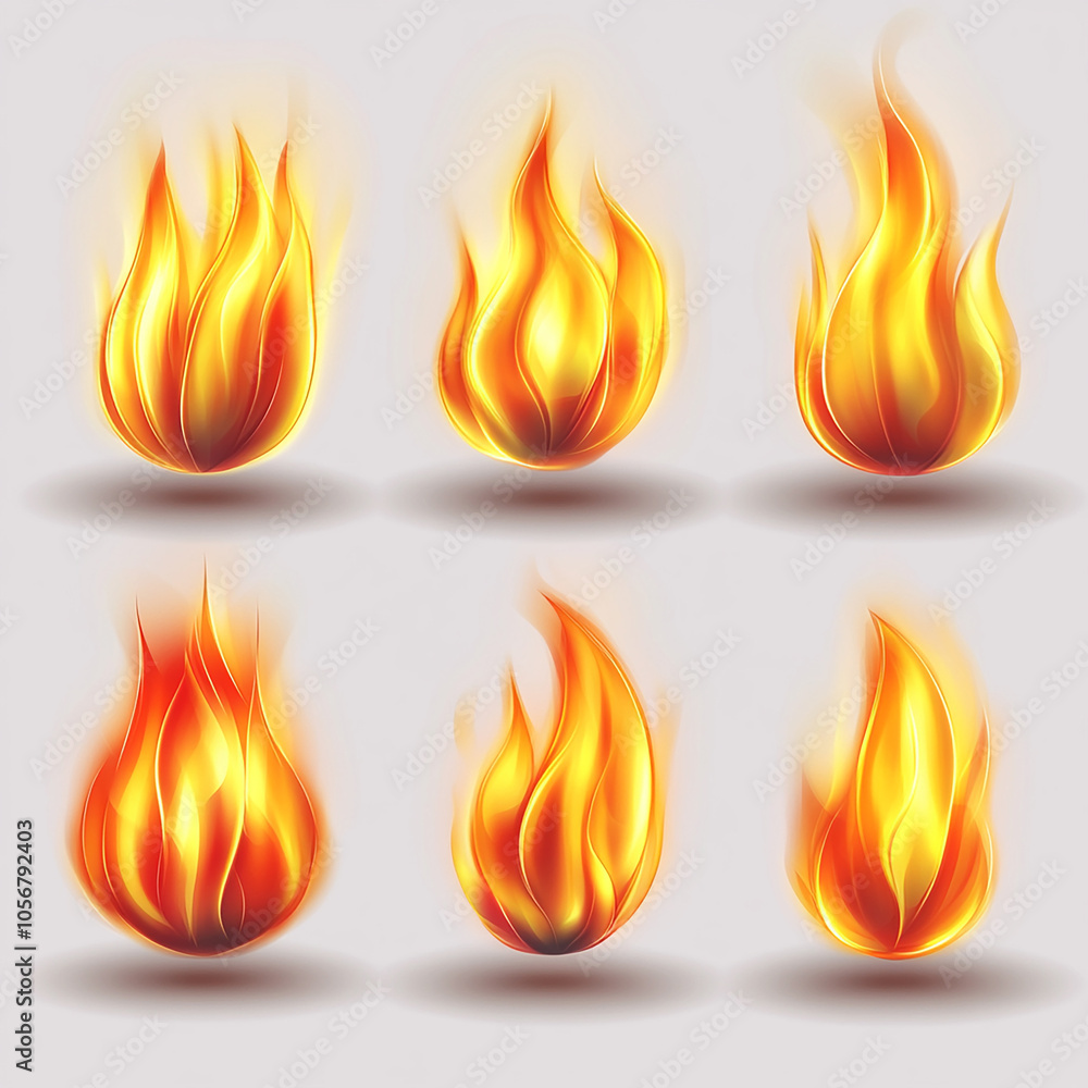 Realistic fiery flame illustrations set on white background Realistic fiery flame illustrations set on white background