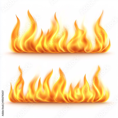 Realistic fiery flame illustrations set on white background