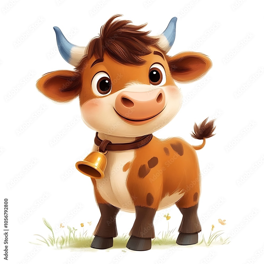 Cartoon baby cow with a cute bell around its neck on a white background. Cartoon baby cow with a cute bell around its neck on a white background.