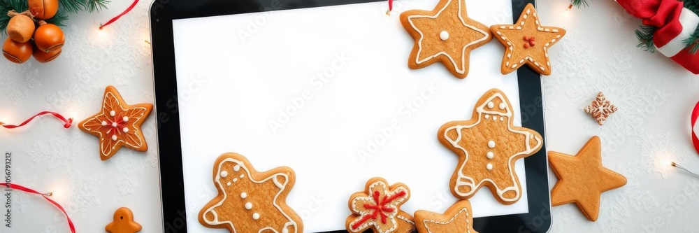 A tablet with a blank screen surrounded by gingerbread cookies and festive Christmas decorations, gingerbread cookies, technology A tablet with a blank screen surrounded by gingerbread cookies and festive Christmas decorations, gingerbread cookies, technology