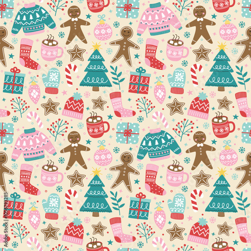 Colourful Christmas background with cartoon ornaments. Seamless texture design. Vector illustration