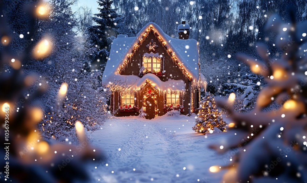 A charming gingerbread house surrounded by snow and festive lights, perfect for holiday celebrations and winter themes A charming gingerbread house surrounded by snow and festive lights, perfect for holiday celebrations and winter themes