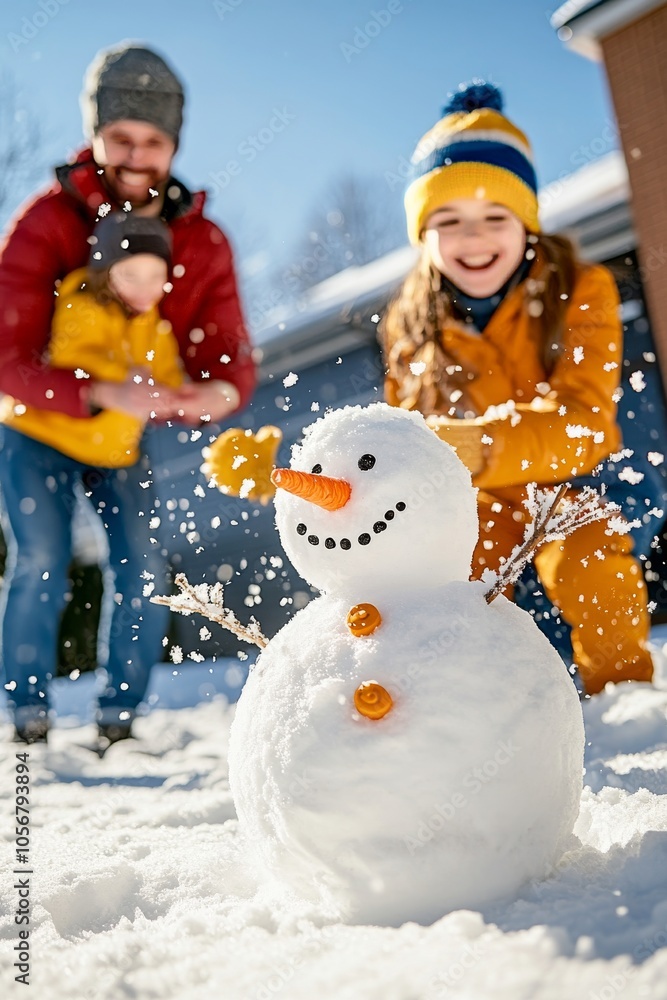  Una niña sonriente y su padre crean un muñeco de nieve en un patio cubierto de nieve. Ambos disfrutan de esta actividad invernal en familia, rodeados de un ambiente alegre y soleado.
