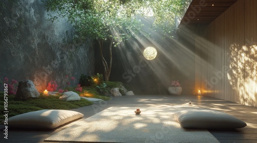 Sunbeams Illuminate a Serene Minimalist Zen Garden Courtyard photo