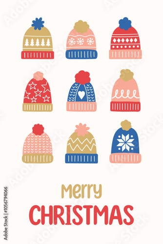 Christmas greeting card with cute hand drawn winter hats. Vector illustration