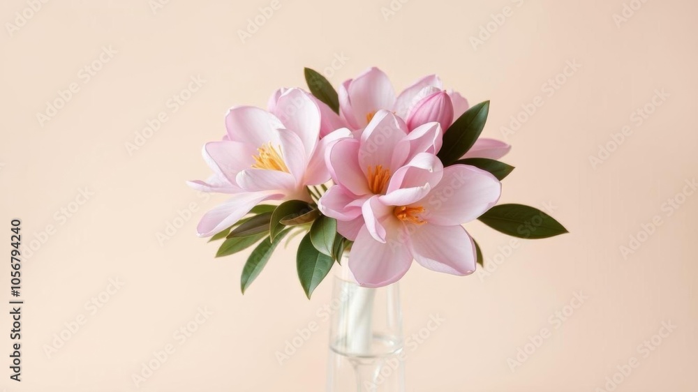 Beautiful minimalist botanical background with a blooming magnolia flower bouquet in purple on a beige backdrop, accented with a glass pedestal in soft pastel pink hues, copy space, botanical Beautiful minimalist botanical background with a blooming magnolia flower bouquet in purple on a beige backdrop, accented with a glass pedestal in soft pastel pink hues, copy space, botanical
