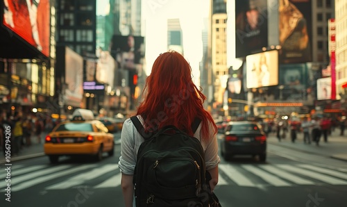 A woman with red hair is walking down a city street with a backpack