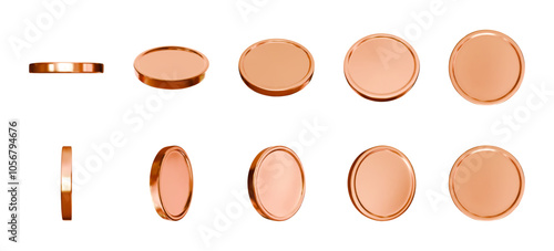 3d realistic bronze metal coins in different views rotating vertically and horizontally. Shiny blank coins vector isolated set