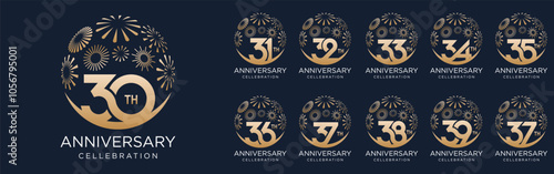 set of 30 to 39th anniversary logotype design, with golden fireworks for celebration event, wedding, and birthday, vector illustration