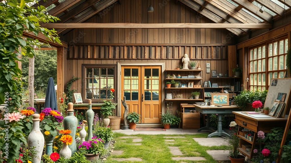 Cozy Garden Studio with Floral Accents and Wooden Decor Cozy Garden Studio with Floral Accents and Wooden Decor