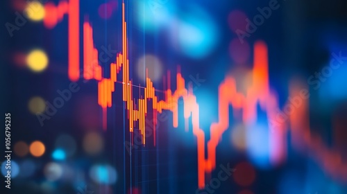 Digital stock market chart with red and orange color background