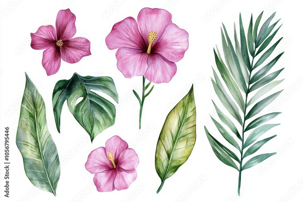 Fototapeta premium Watercolor Tropical Flowers and Leaves