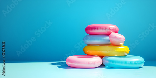 Colorful Inflatable Pool Rings on Blue Background