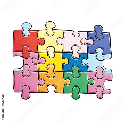 Cartoon jigsaw puzzle piece with bright colors on a white background.