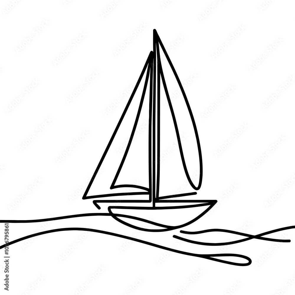 Minimalist one line sketch of sailboat sailing on waves. Concept of travel and leisure Minimalist one line sketch of sailboat sailing on waves. Concept of travel and leisure