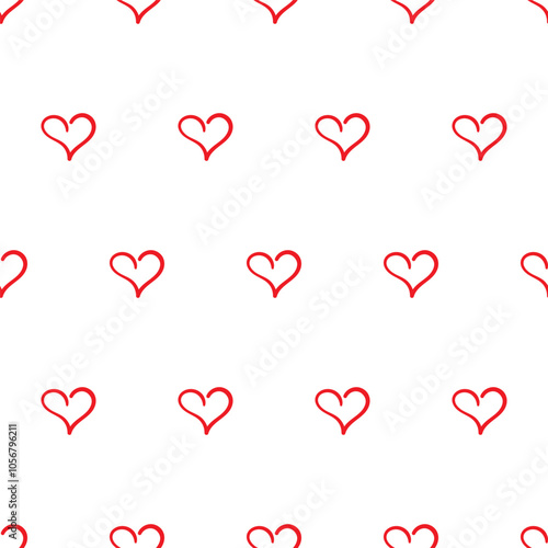Minimalistic seamless pattern of red heart outlines on a white background, ideal for Valentine's Day, romance themes, and gift wrapping. Vector illustration
