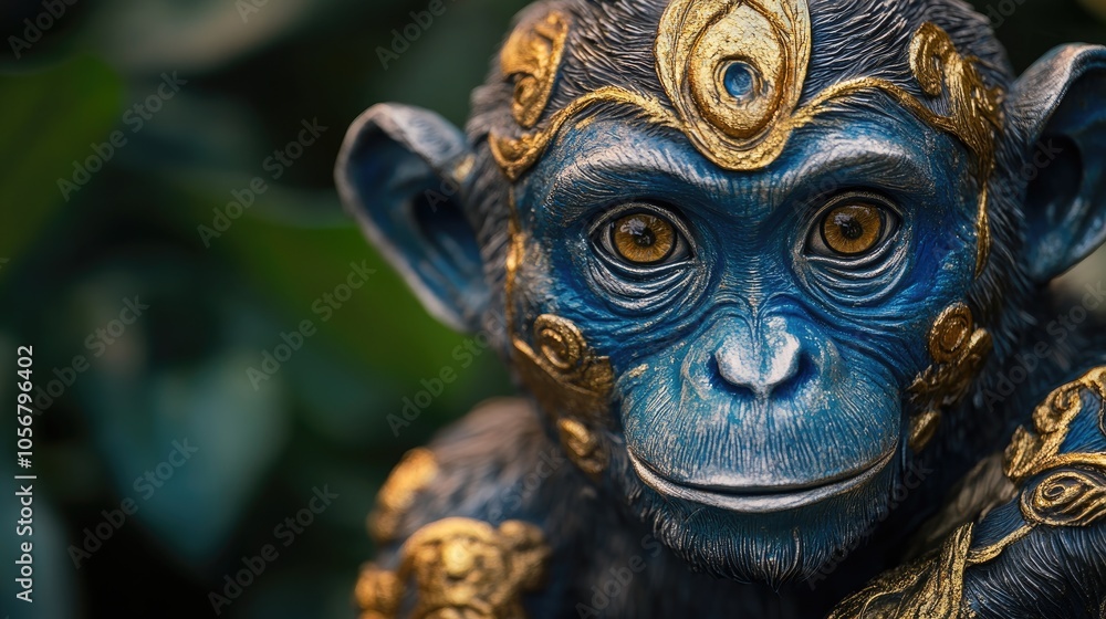 A monkey statue featuring a blue face and golden accents A monkey statue featuring a blue face and golden accents