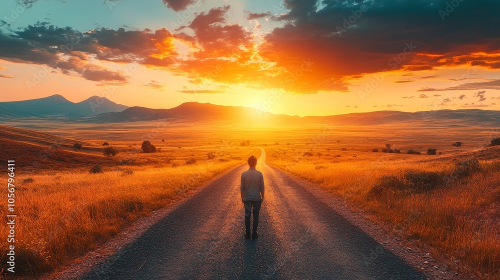 A solitary figure walks towards the setting sun on a rural road. A solitary figure walks towards the setting sun on a rural road.