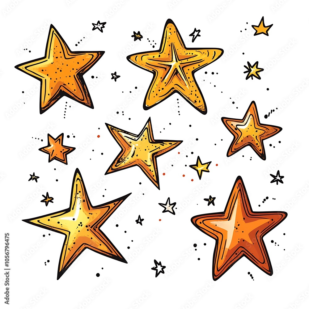 Cartoon set of hand-drawn stars in different sizes on a white background. Cartoon set of hand-drawn stars in different sizes on a white background.