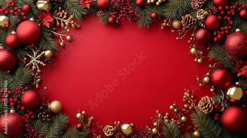 Christmas wallpaper, red background with golden decoration and large blank space in the center for text, Christmas patterns such as Christmas pudding on both sides of the frame, Festive 3D clay icon