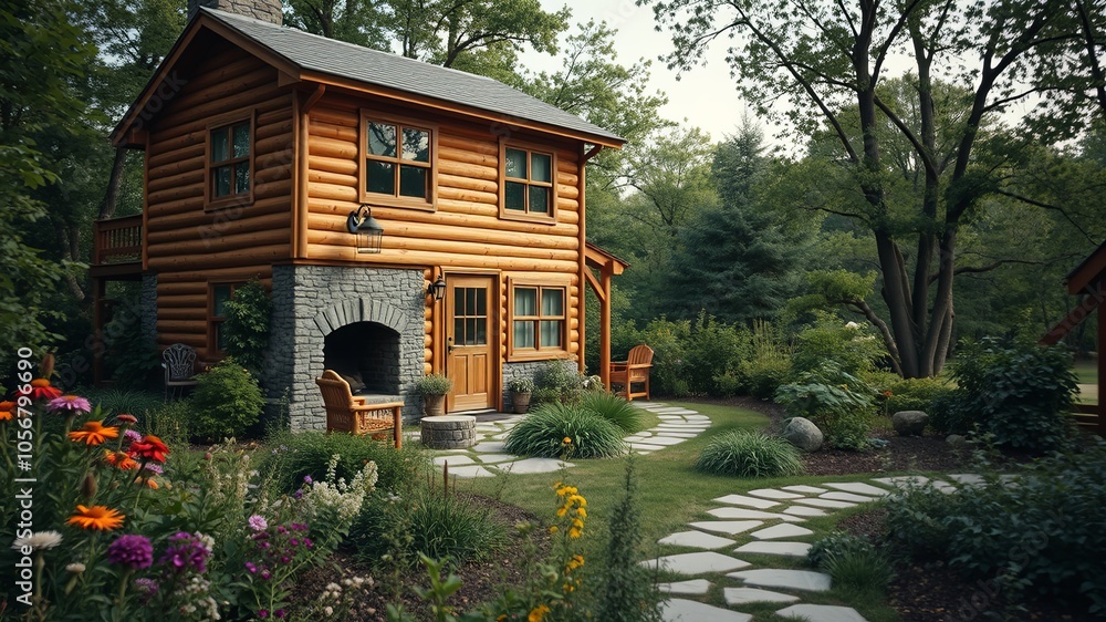 Charming Log Cabin Surrounded by Lush Garden Charming Log Cabin Surrounded by Lush Garden