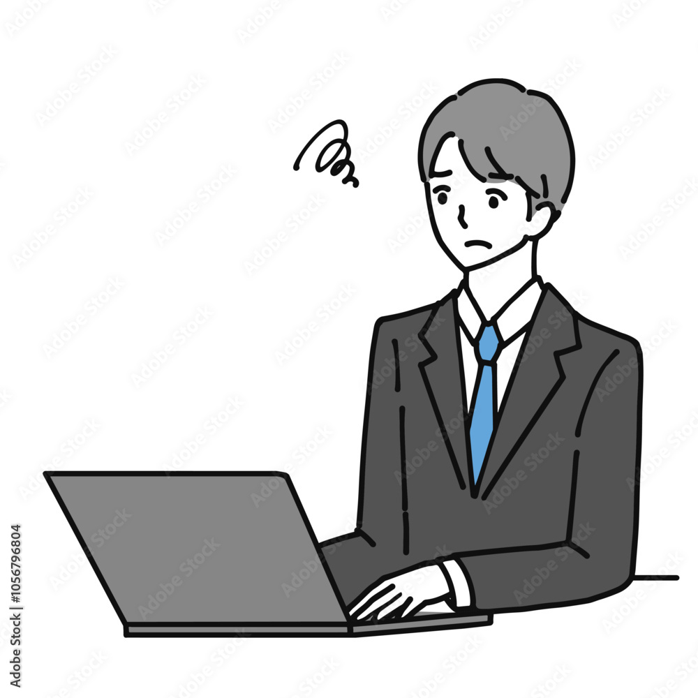 Illustration of a young businessman having trouble looking at his laptop. Illustration of a young businessman having trouble looking at his laptop.