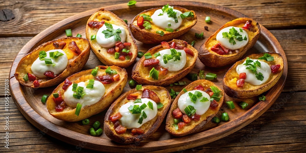 Golden Brown Potato Skins Topped With Creamy Sauce, Bacon Bits, and Fresh Herbs on a Rustic Wooden Platter Golden Brown Potato Skins Topped With Creamy Sauce, Bacon Bits, and Fresh Herbs on a Rustic Wooden Platter