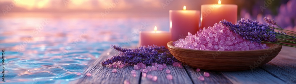 Relaxing Spa Setting with Lavender, Candles, and Pink Bath Salts, Perfect for Wellness and Tranquility Relaxing Spa Setting with Lavender, Candles, and Pink Bath Salts, Perfect for Wellness and Tranquility